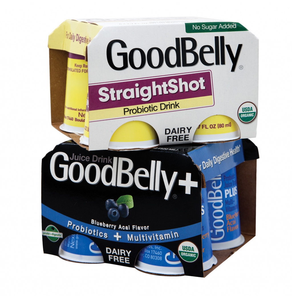 GoodBelly Straight Shot and GoodBelly + (in blueberry acai flavor) probiotic shot drinks