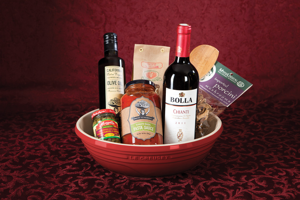 Pasta Gift Basket  Our Pasta Basket comes with premium pasta, Fresh to Market Pasta Sauce, olives, olive oil and other accompaniments, all in a pretty Le Creuset mixing bowl.