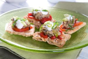 Grilled Eggplant on Wasa Crackers with Roasted Peppers & Yogurt