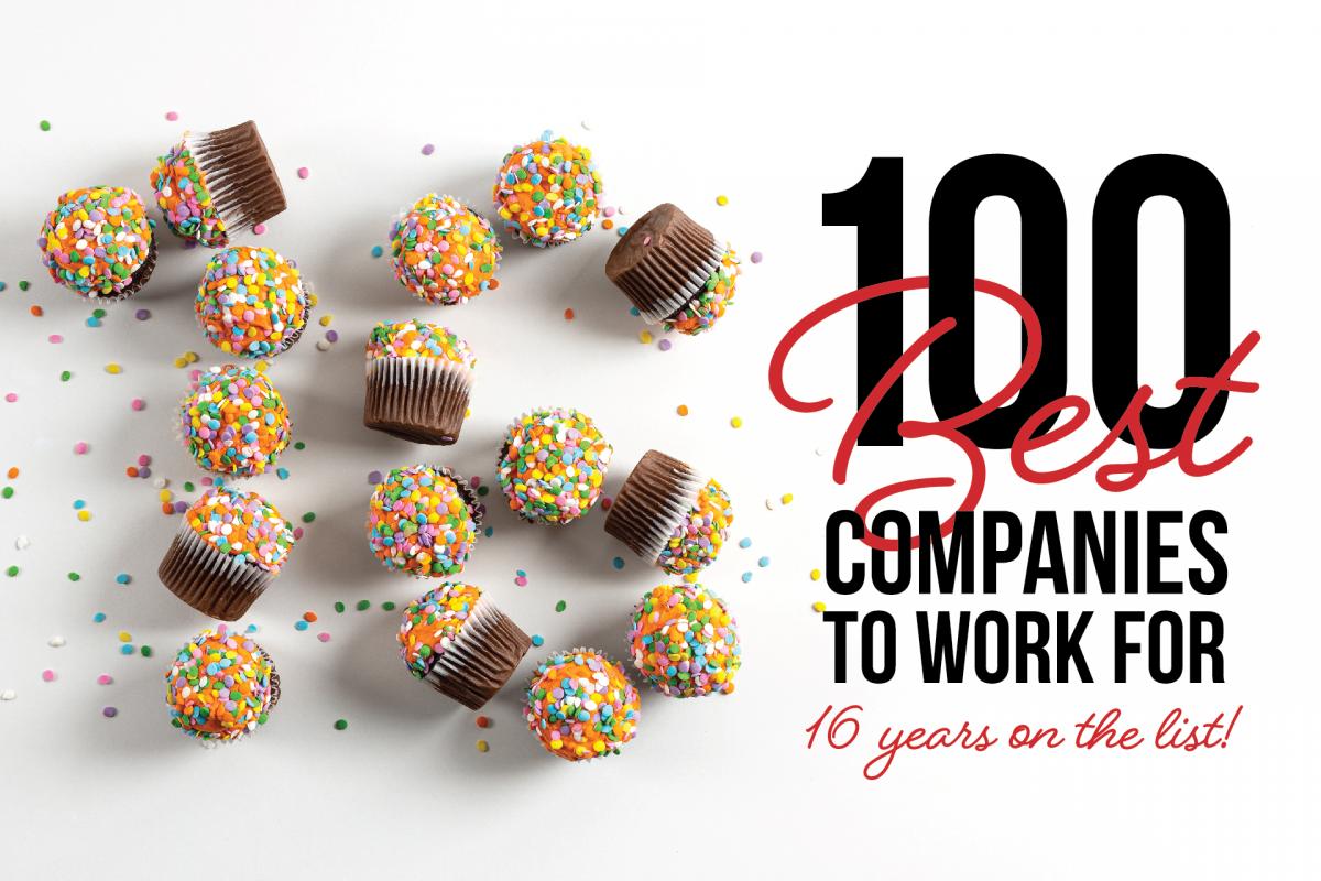 16 made with mini cupcakes and text saying 100 best companies to work for