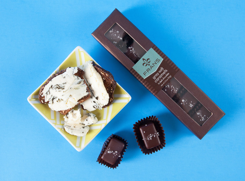 Bongrain St. Agur blue and Fran’s Gray Sea Salt caramels