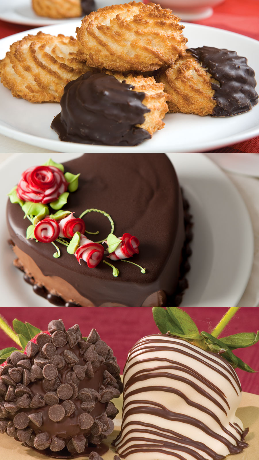 macaroons, chocolate heart cake, chocolate dipped strawberries