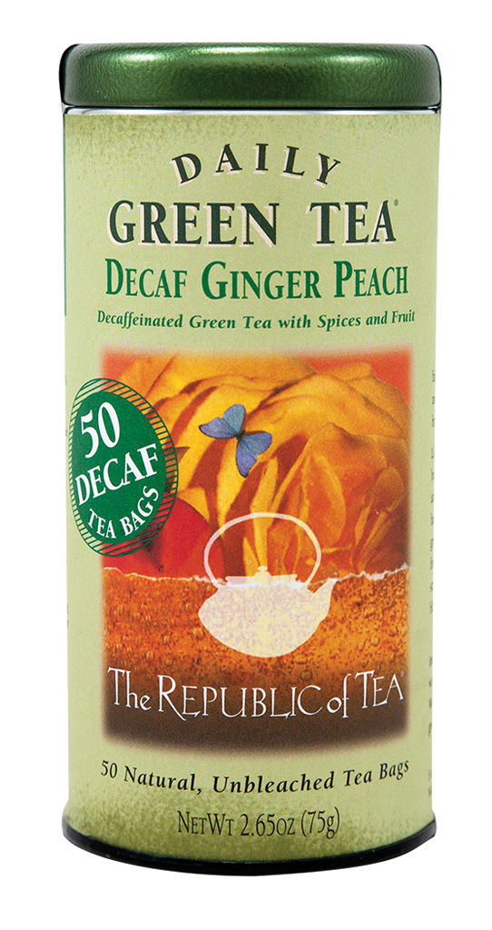 Decaffeinated choices The Republic of Teas offers decaf teas in both green tea and black tea, utilizing the Republic’s all–natural and eco–friendly decaffeination process. Check out Daily Green Tea in Decaf Peach Ginger.