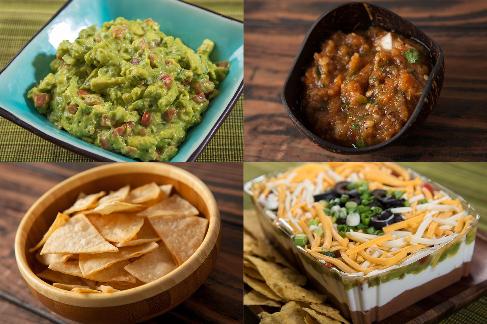 Guacamole, salsa, corn chips and 7-layer dip