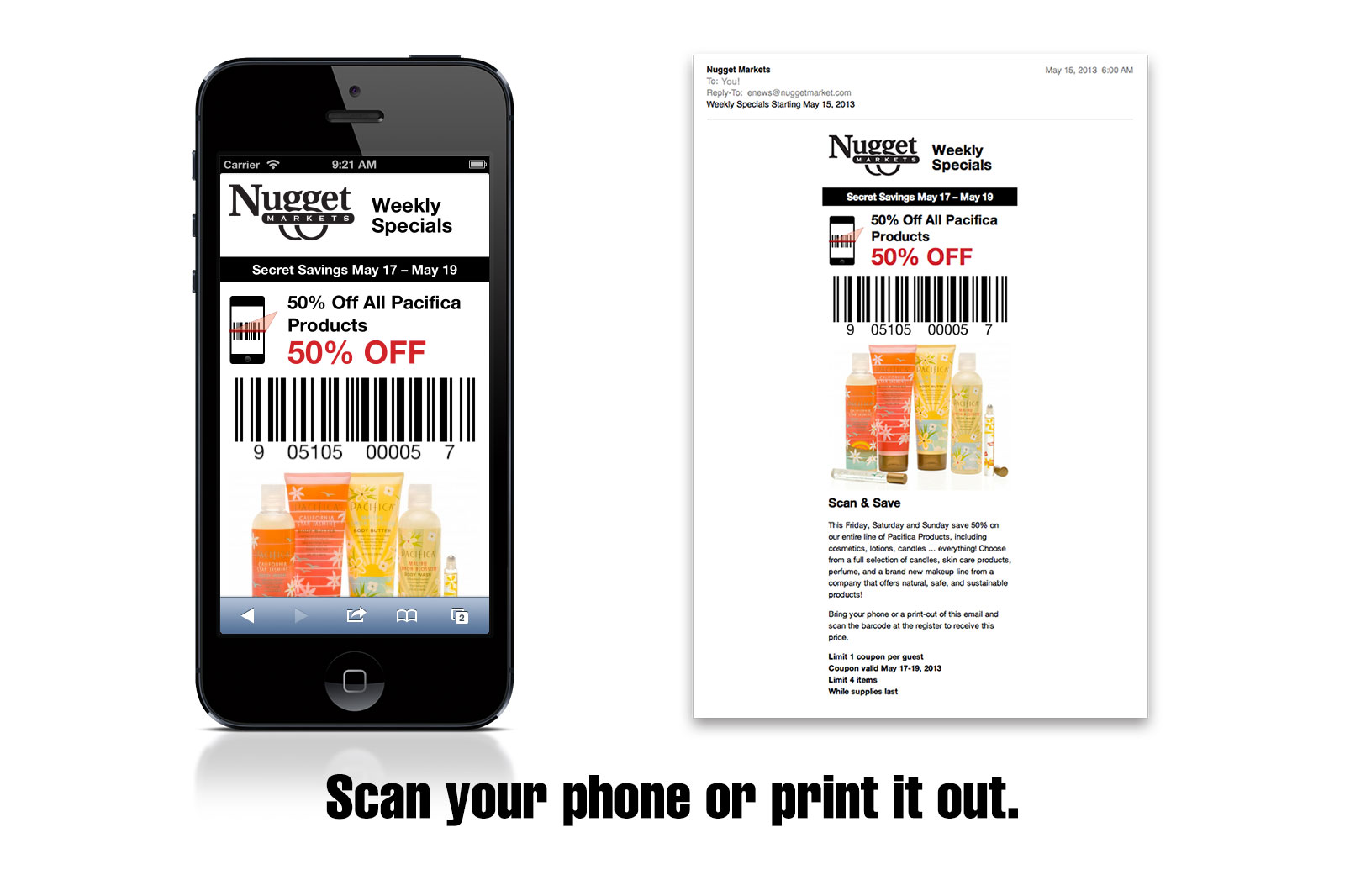 Smart phone with the email ad next to a print out of the email ad