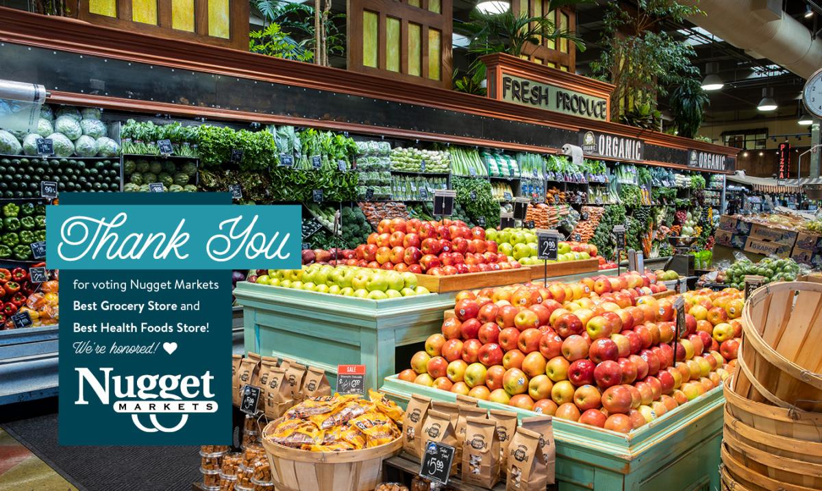 produce department with thank you text and logo