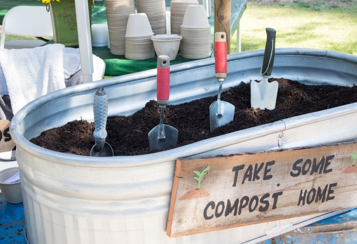 Tub of compost with shovels