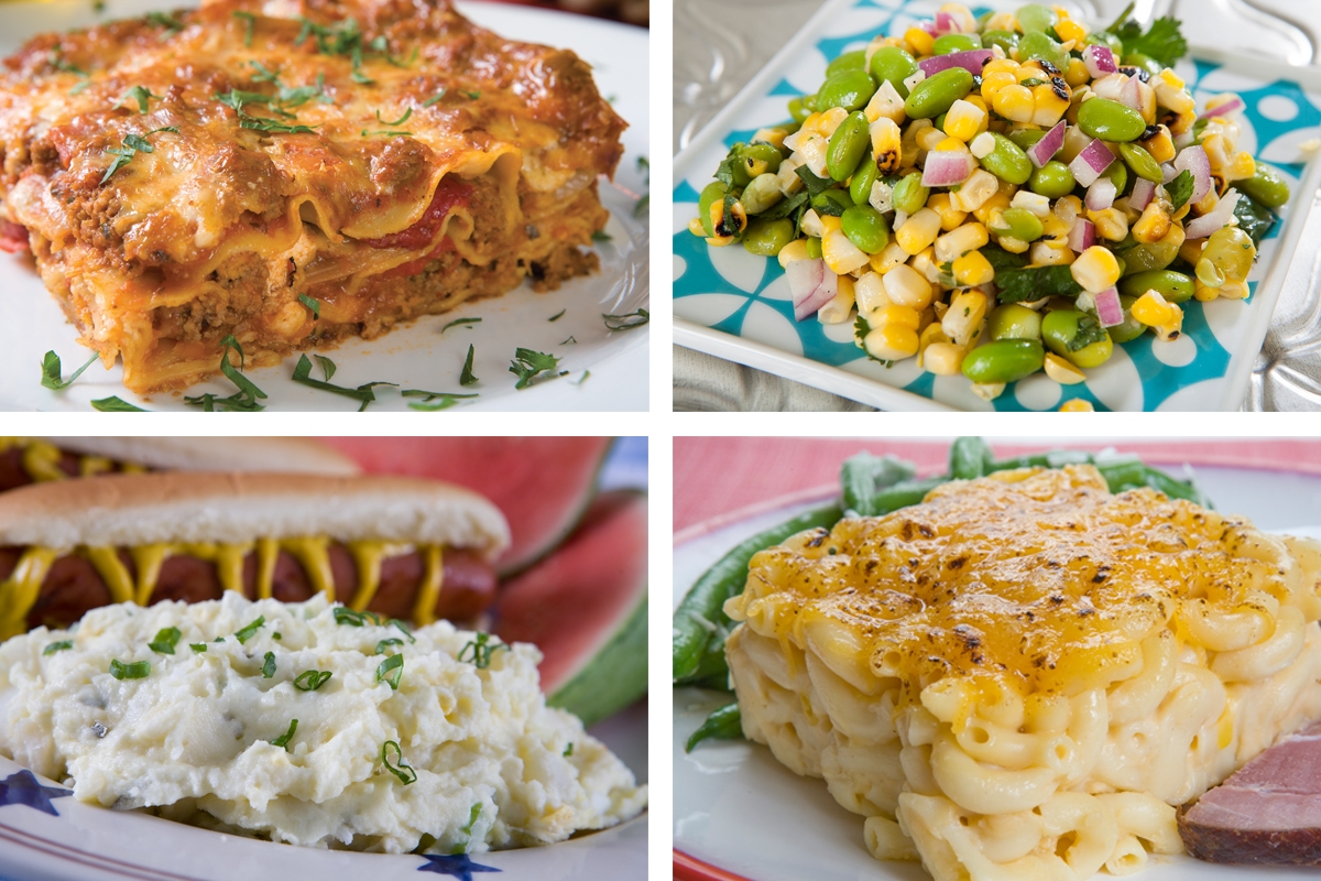 Lasagna, corn succotash, potato salad and mac and cheese