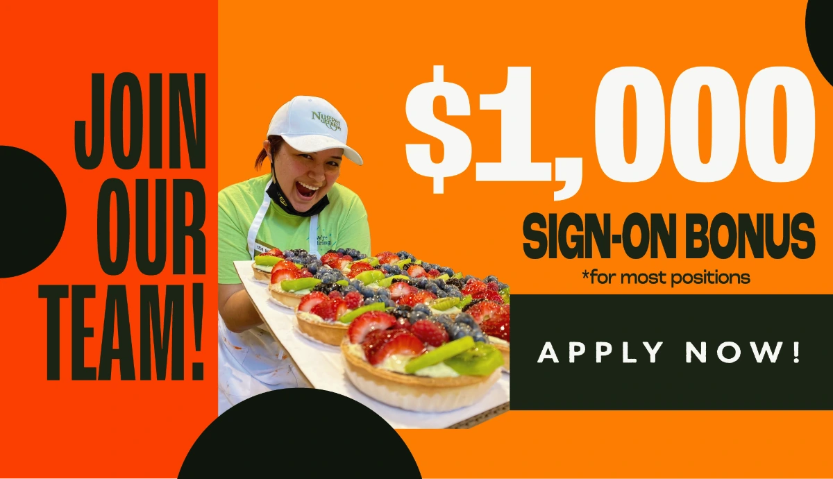 Graphic with bakery associate stating “Join our team! $1,000 sign-on bonus!”